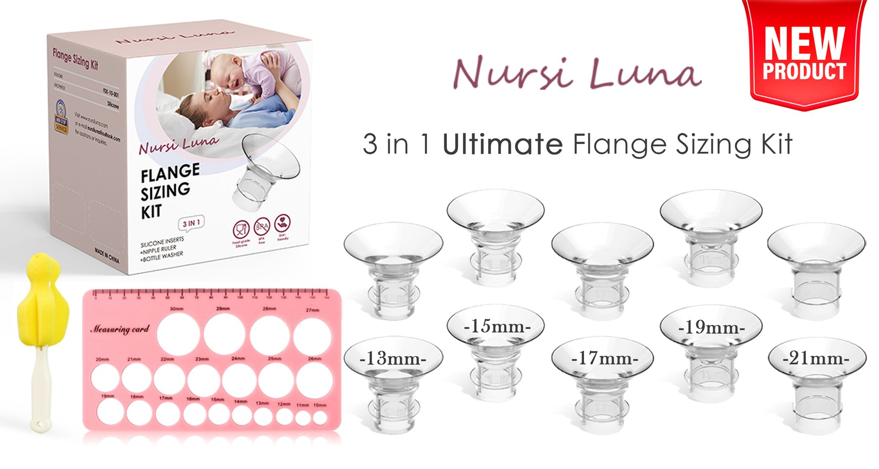 Nursi Luna 3-in-1 flange sizing kit with 13 to 21mm inserts